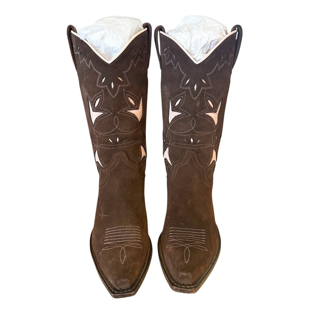 Frye Vintage Brown Leather Pink Leather Floral Cowgirl Boots